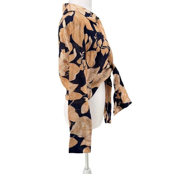 REISS Floral Tie Waist Blouse Navy Gold Large Print Size 2 EUC Linen Blend - Picture 3 of 11
